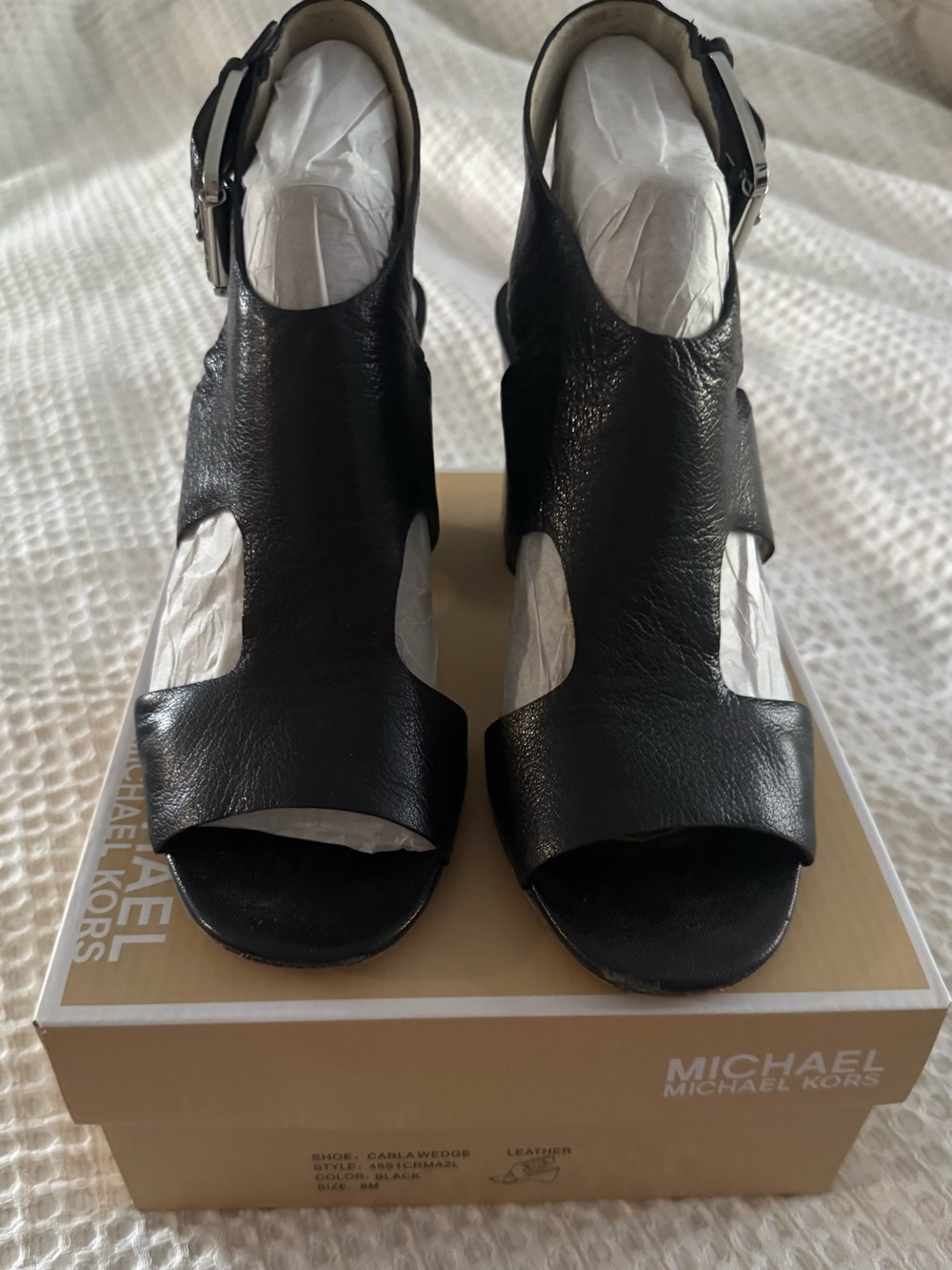 MICHAEL Michael Kors Black Leather Cutout Wedge Sandals